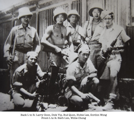 India 1945. Back row L to R: Larry Goon, Dick Yip, Bud Quon, Hubie Lee and Gordon Wong. Front row: Herb Lim, Willie Chong. 