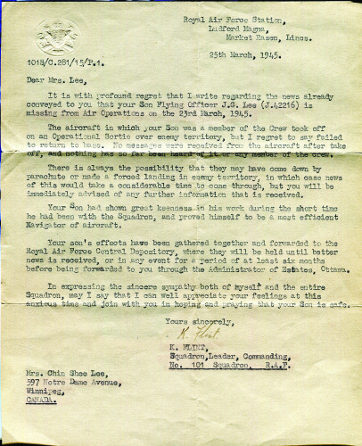 Letter to Lee family from 101 Squadron leader K. Flint