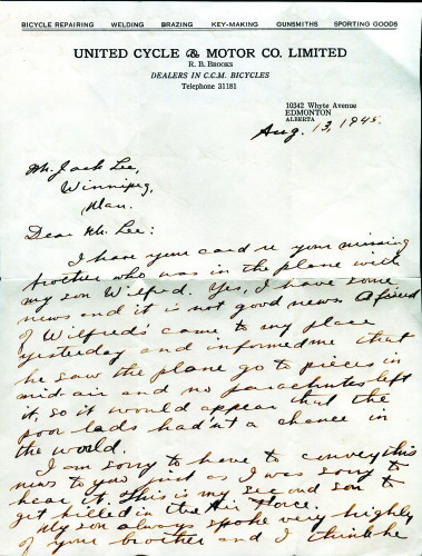 Letter to Lee family from the father of Wilfred Brooks