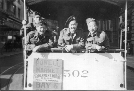 Harden Lee (far right) on a San Francisco streetcar with his friends including Ed Fong, Hank Chang and Dick Lam.